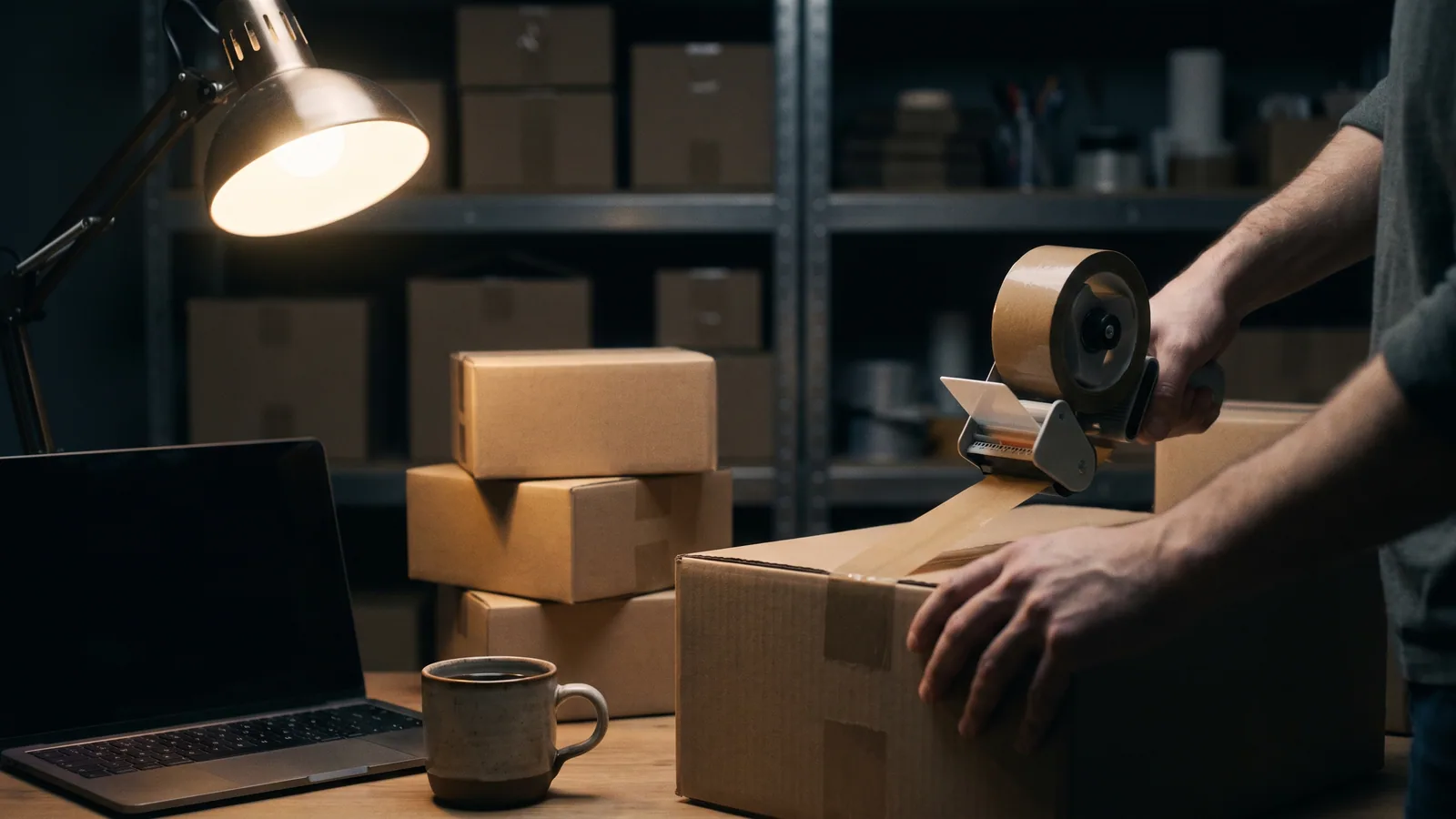 Hands taping a shipping box on a dimly lit packing table at dawn, with a laptop and stacked boxes beside them