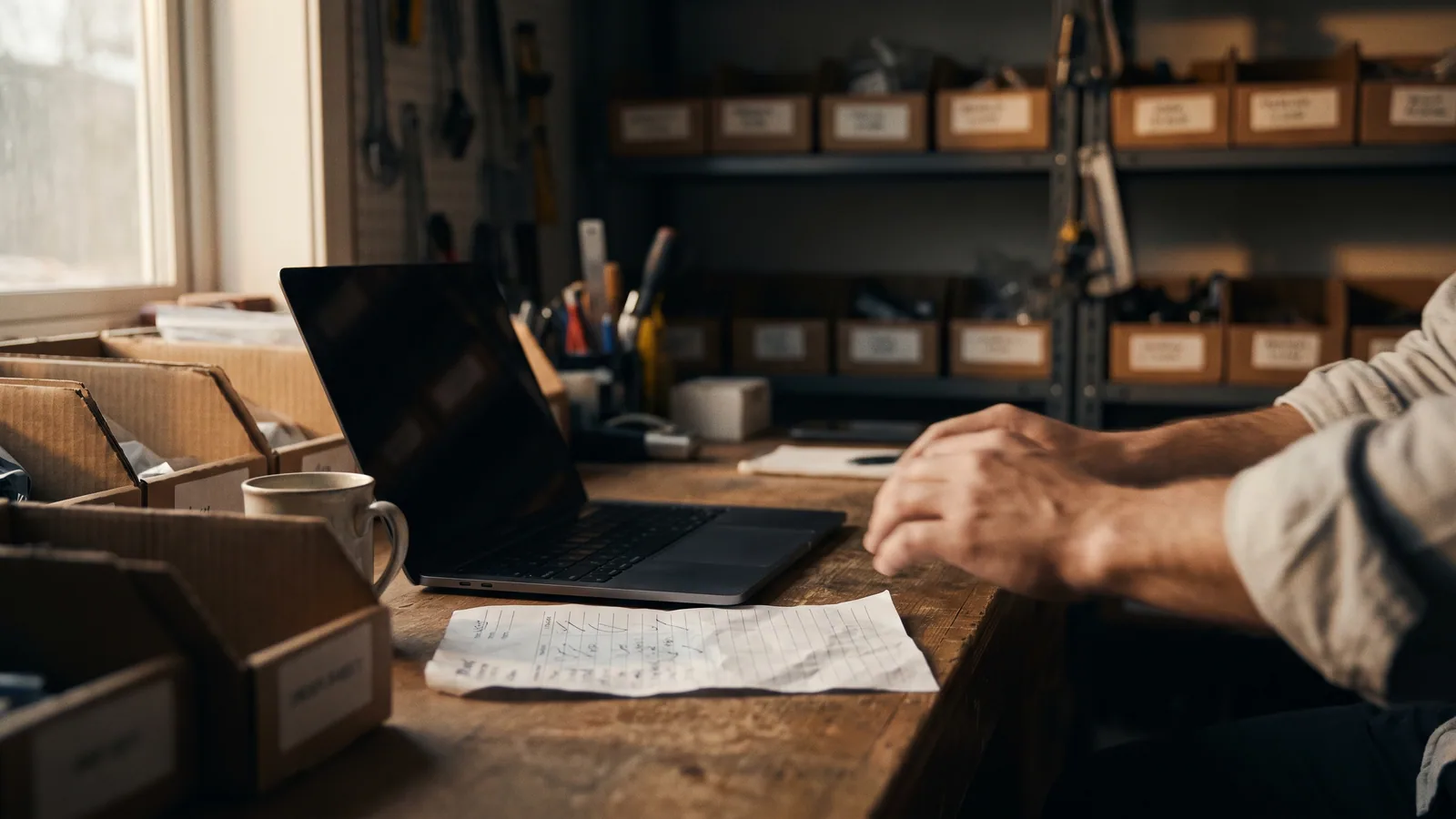 Hands resting on a wooden back-office desk beside a laptop, a handwritten order sheet with tick marks and a coffee mug, labelled stock bins on shelves behind