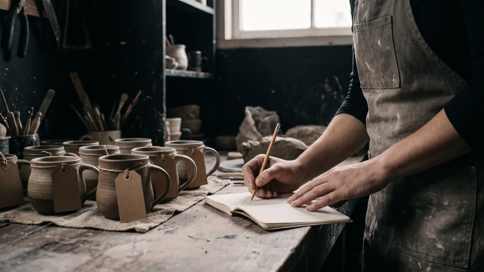 A shop owner writing prices in a notebook beside a row of handmade ceramic mugs with blank kraft price tags on a wooden workbench