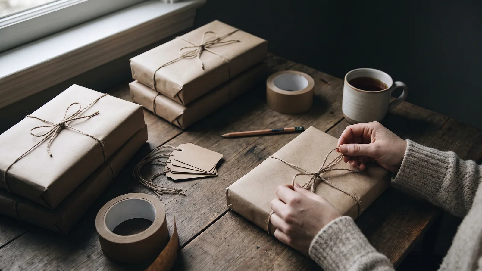 A home studio worktable with stacks of twine-tied wrapped art prints, blank kraft tags, a pencil, paper tape and a cup of tea in morning light