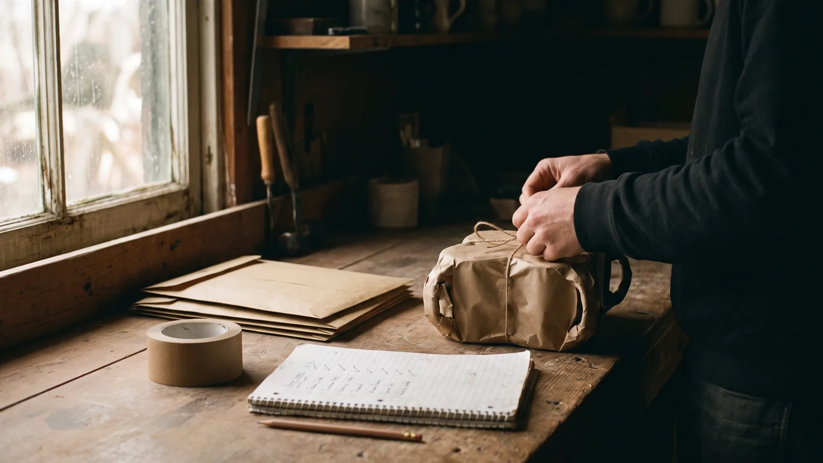 A maker tying twine around a kraft-wrapped mug at a wooden packing table by a window, with mailers, paper tape and a handwritten checklist