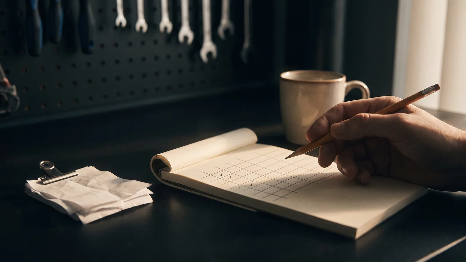 A hand with a pencil ticking boxes in a notebook on a repair shop counter, beside a coffee mug and a clipped stack of receipts