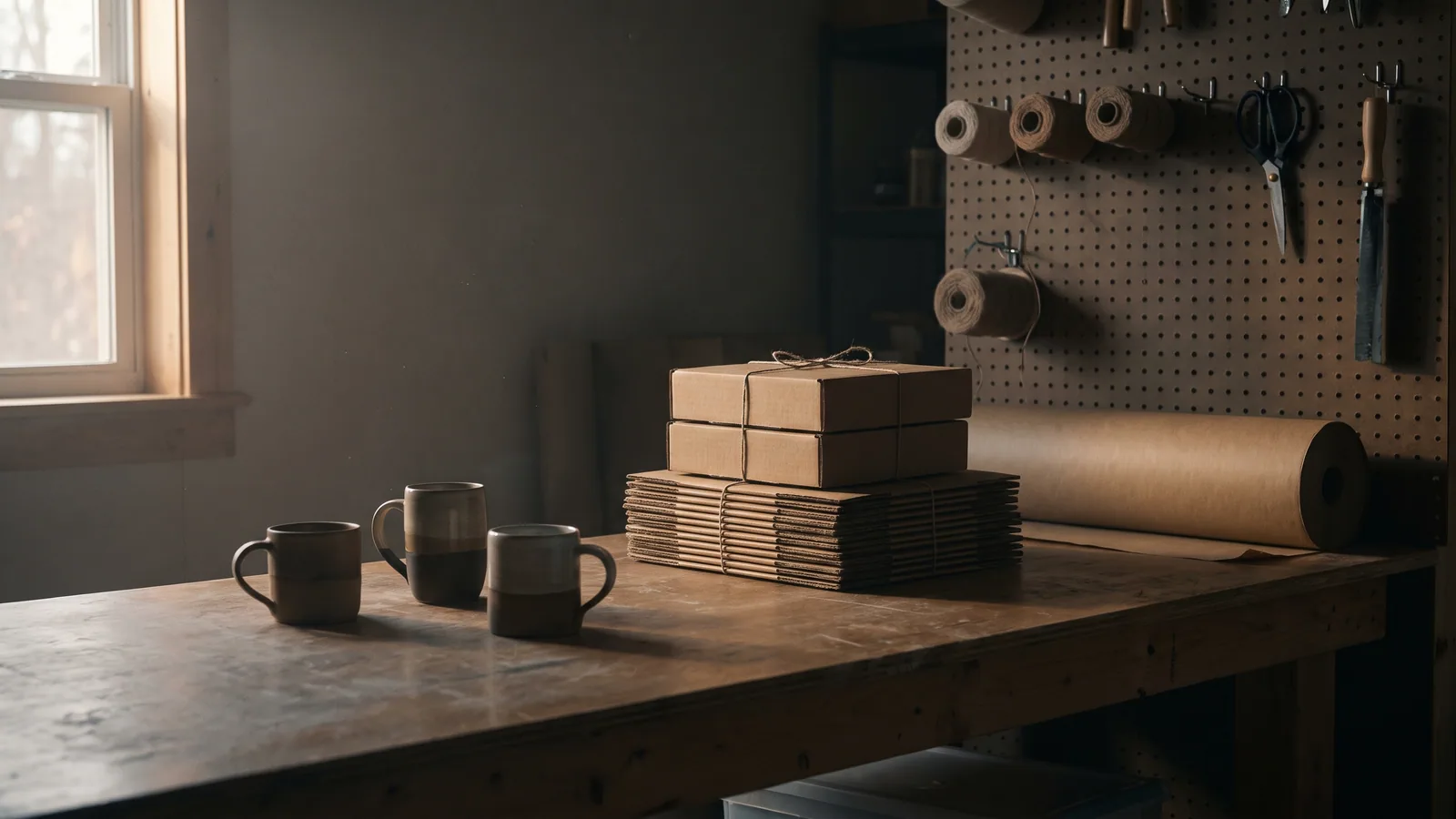 An empty small-shop back room with three mugs on a shared wooden table, twine-tied kraft boxes and a pegboard in afternoon light
